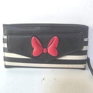Disney Minnie Mouse Black and White Striped Wallet with Red Bow